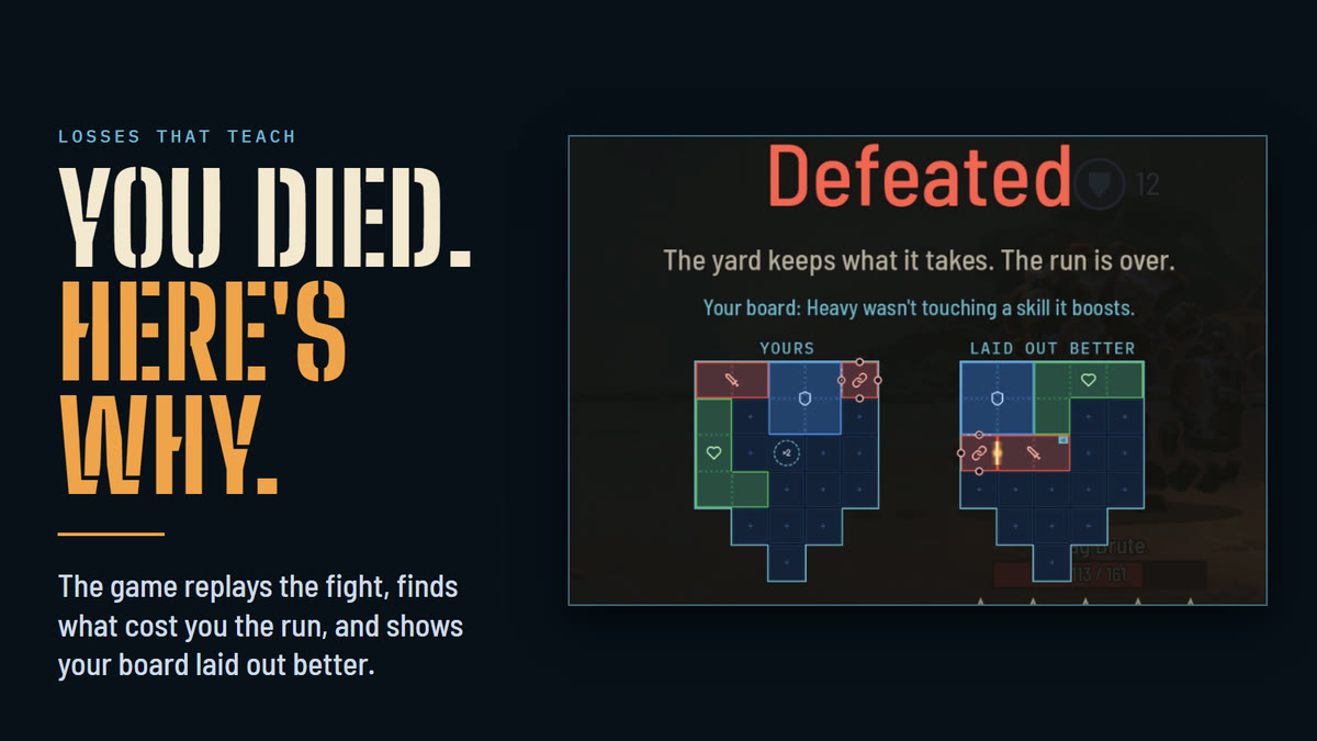 The defeat screen: your board next to the same blocks laid out better.