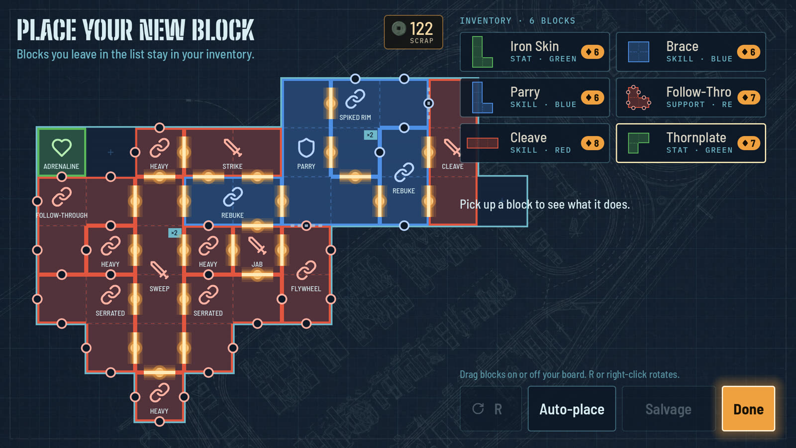 The inventory: a large board of red, blue and green blocks, linked wherever they touch.