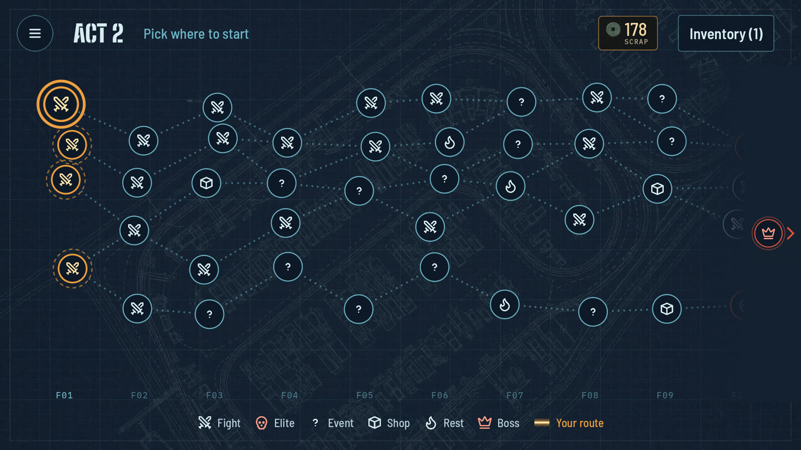 The act 2 map: branching routes through fights, events, shops and rest sites to the boss.